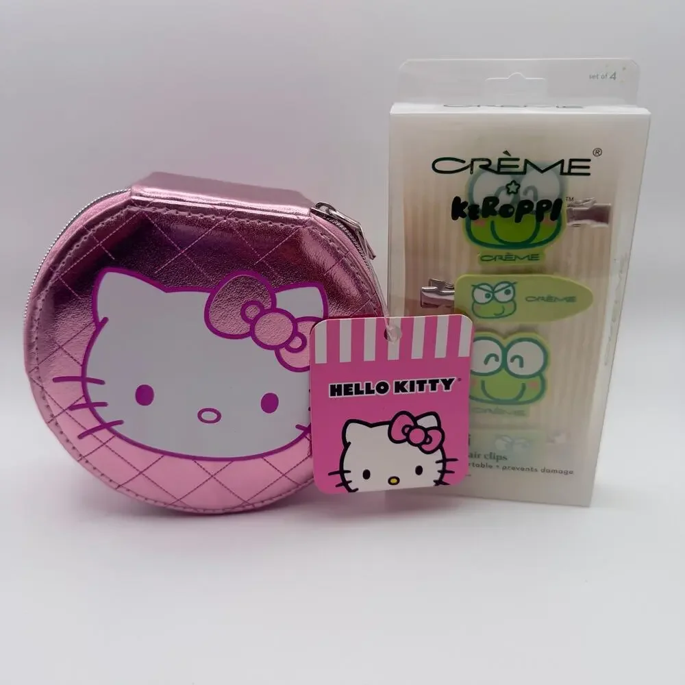 Hello Kitty Pink Jewelry Case + Crème Keroppi Hair Clips Sanrio Bundle